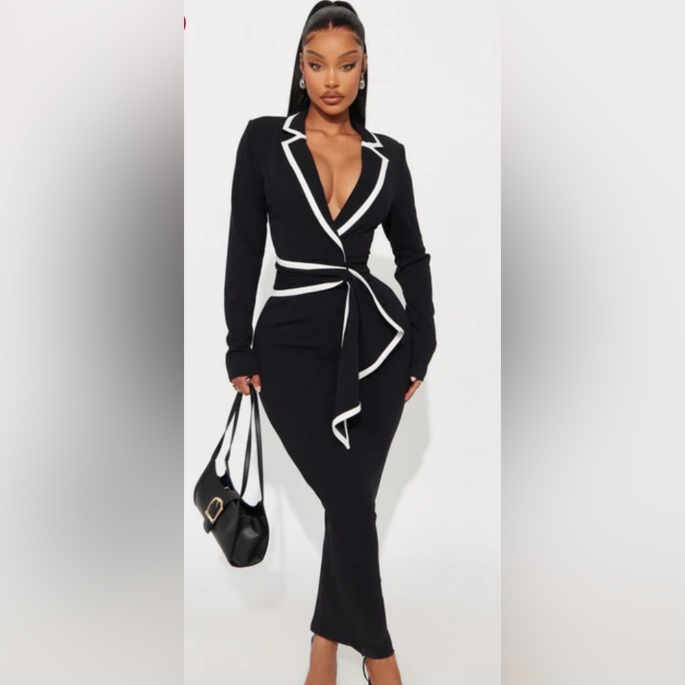 Fashion Nova Black Long-Sleeve Wrap Midi Dress with White Trim